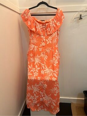 Off-Shoulder Coral Tropical Printi Midi Dress VISCOSE and POCKETS